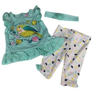 Size: 6M - Aqua 3 Piece Bird/Floral Outfit w/ Lace Ruffle & Bow Details